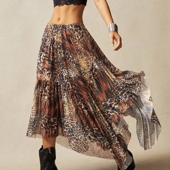 Brown Casual Women's High Waist Beach Festival Skirt - Picture 4 of 7